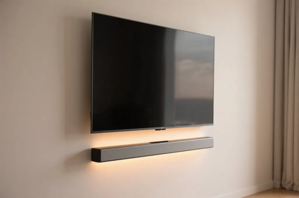簡約大器的家庭劇院音響系統與 Soundbar，擺放於電視櫃上營造環繞音效